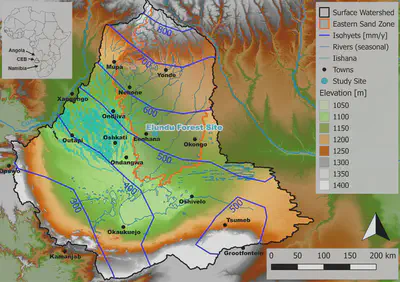 DEM of the Cuvelai-Etosha Basin, river network and isohyets (dark blue). ‘Elundu Forest Site’ is located in the Eastern Sand Zone (shaded area). The site is characterized by deep Kalahari sand and medium-dense forest cover with numerous large individuals (>10m height) of B.plurijuga, A.erioloba and C.collinum.